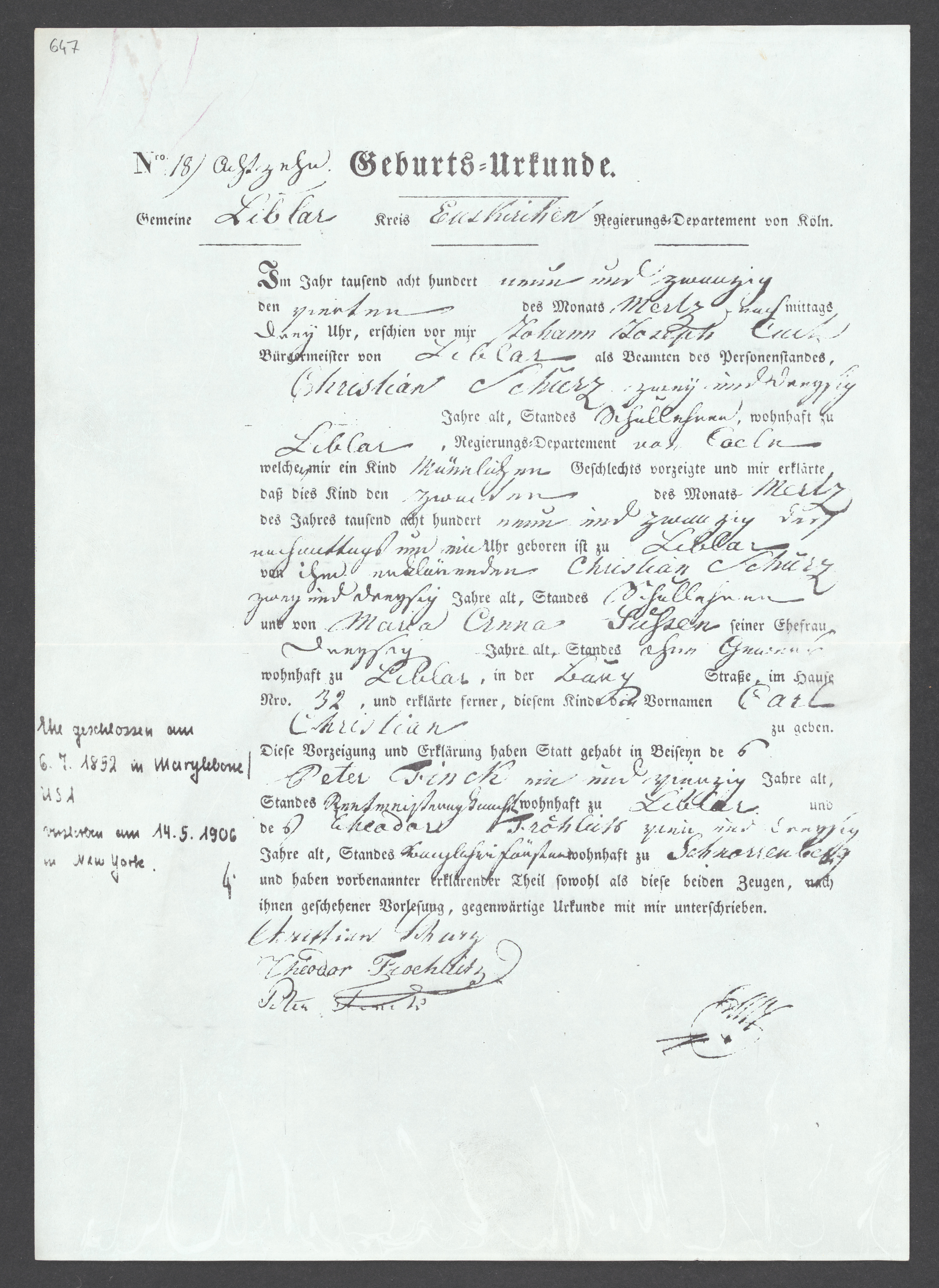 Kopie der Geburtsurkunde von Carl Schurz