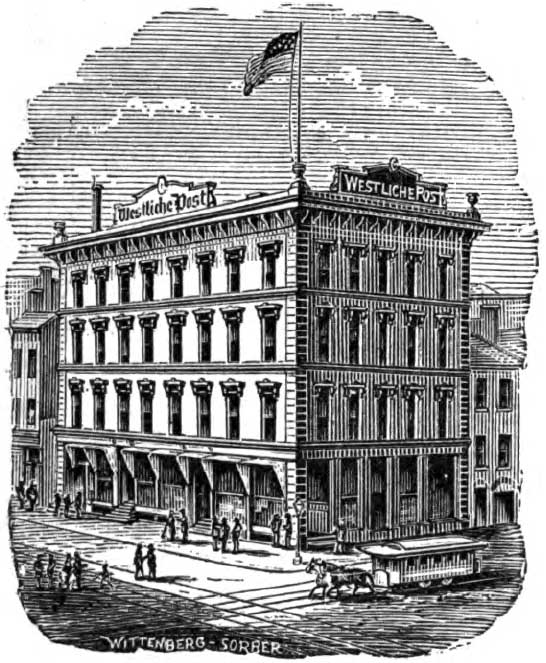 Woodcut print of the Westliche Post building in St. Louis Missouri at Fifth and Market Streets in 1874.