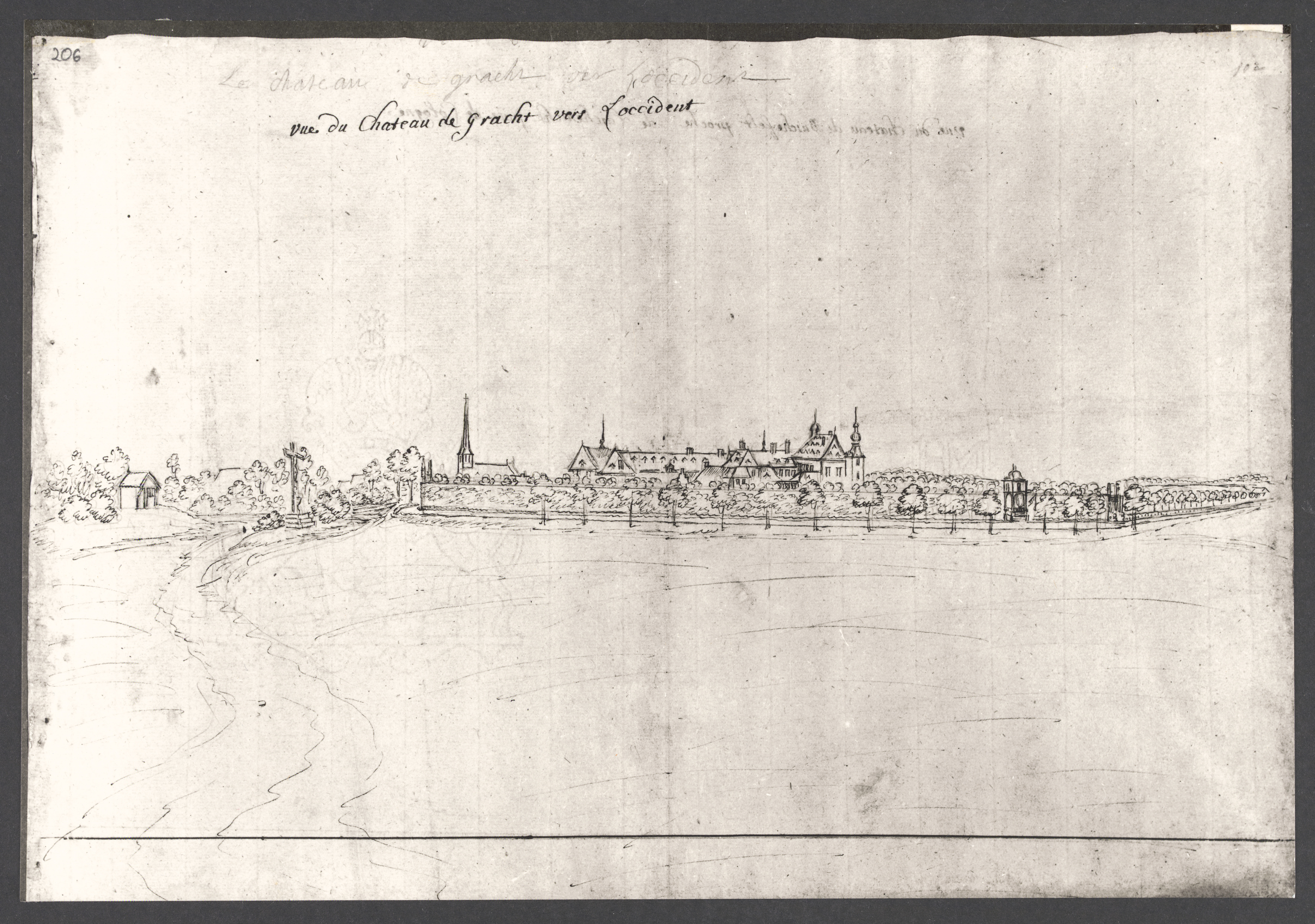 Liblar um 1740, Zeichnung von Renier Roidkin, Bonn. Landeskonservator Rheinland. Blick vom Schloß Gracht in den Westen, ca. 1740. 