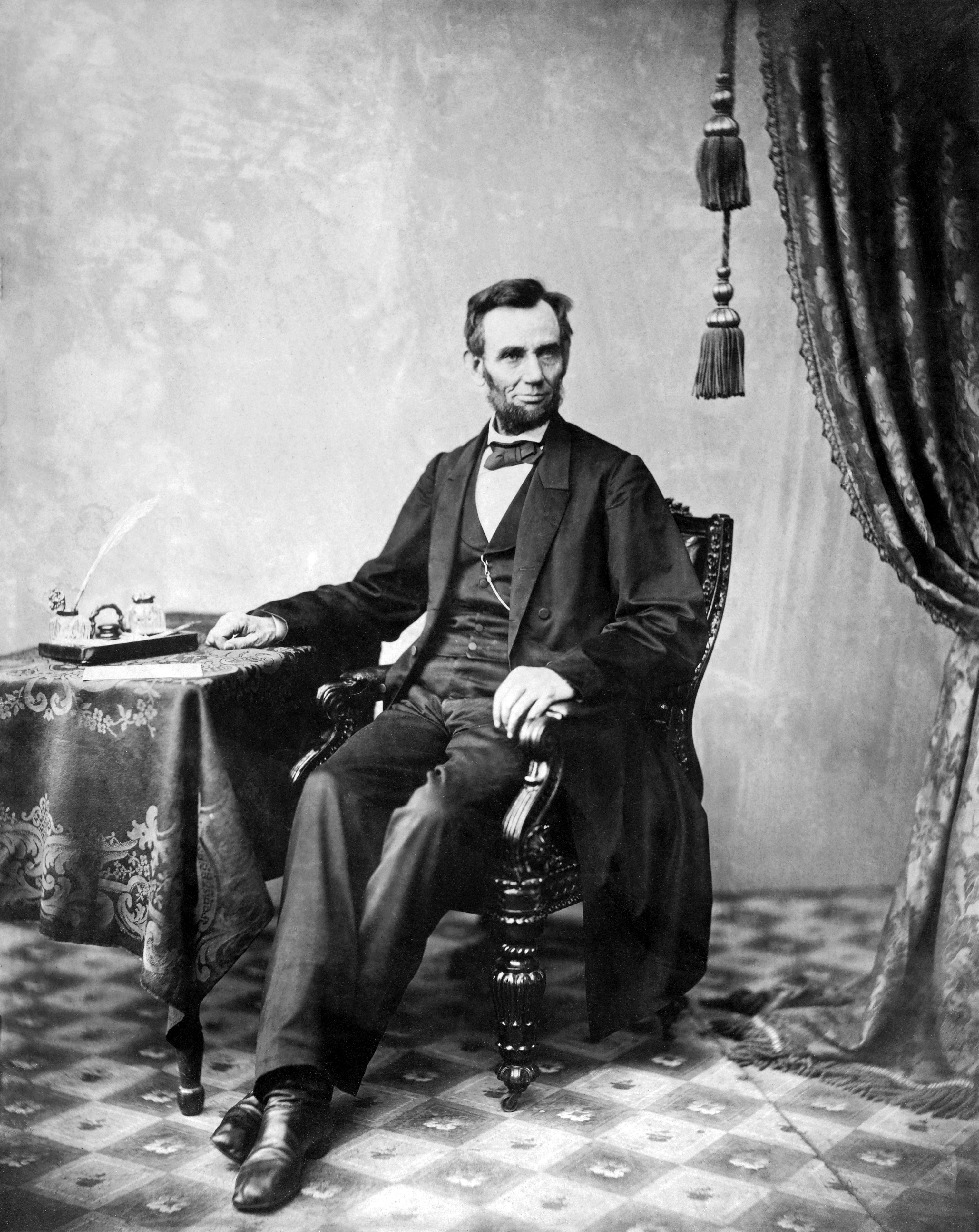 Abraham Lincoln poses in Gardner's new gallery. Imperial albumen print.