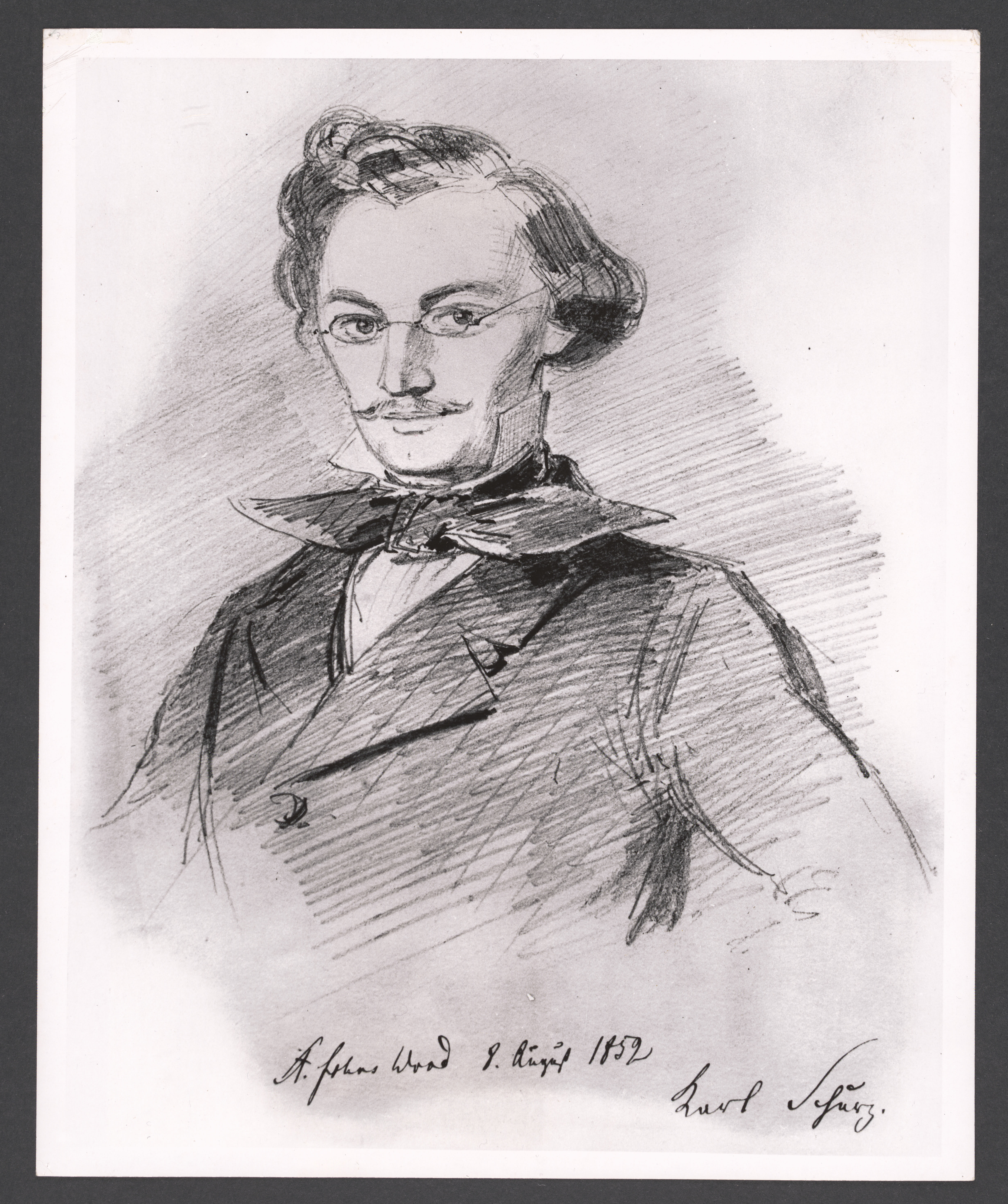 Artist's drawing of 23-year-old Carl Schurz, Secretary of the Interior under President Rutherford B. Hayes.", Zeichnung des 23 jährigen Carl Schurz, mit Notiz und Titel auf der Rückseite, 08.08.1852