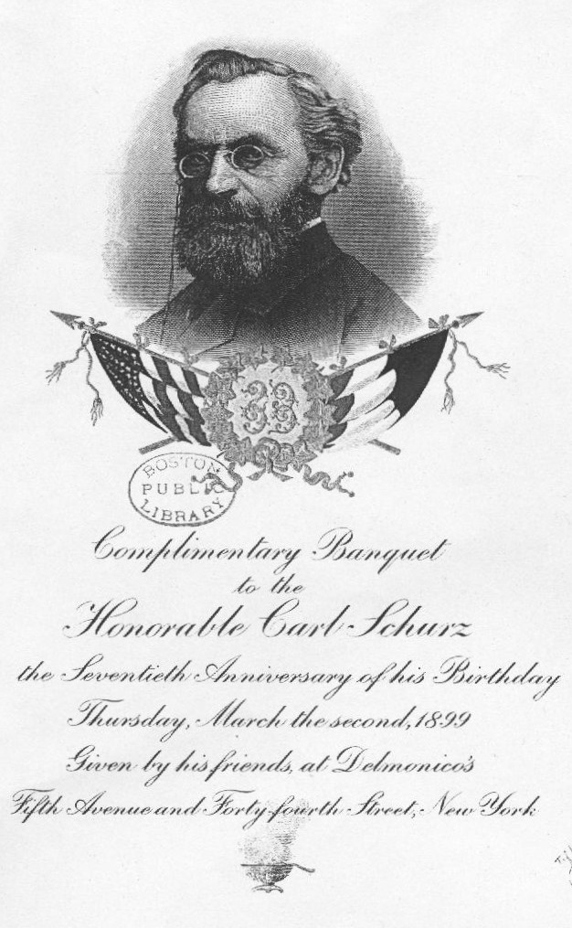 Banquet to the Honorable Carl Schurz on the Seventieth Anniversary of his Birthday, frontispiece. The original had some solid colors (gold, red and blue) in the bunting and decoration. This was the only page with color in the book.