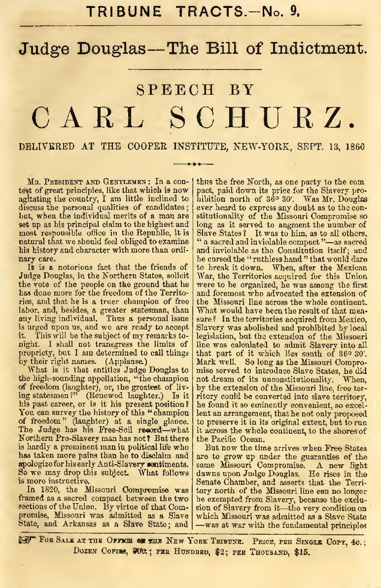 Judge Douglas--the bill of indictment : speech by Carl Schurz ; delivered at the Cooper Institute, New-York, Sept. 13, 1860