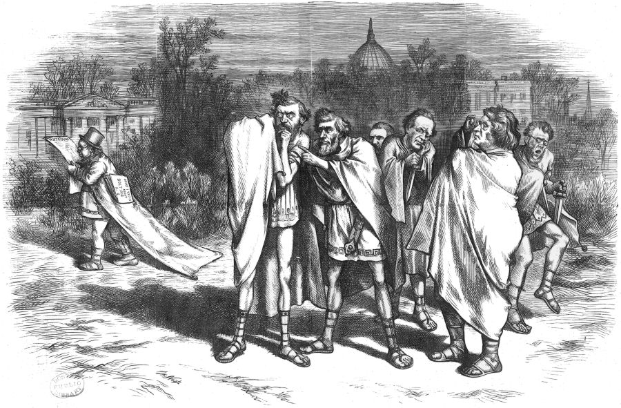 In a scene out of Shakespeare's Julius Caesar, conspiratorial U.S. Senators (from left) Carl Schurz, Reuben Fenton, unknown, Lyman Trumbull, Charles Sumner and Thomas W. Tipton gathered outside the White House look over at Horace Greeley (Cicero) and discuss including him in their conspiracy.