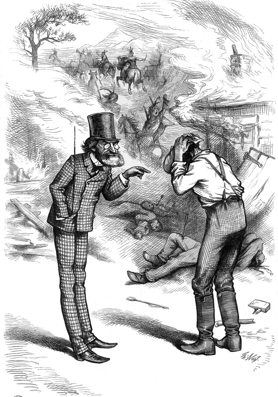  Schurz counsels a settler holding his head to be patient. A band of marauding Indians is riding off in the distance and the immediate neighborhood is devastated with destroyed buildings and murdered settlers lying on the ground.