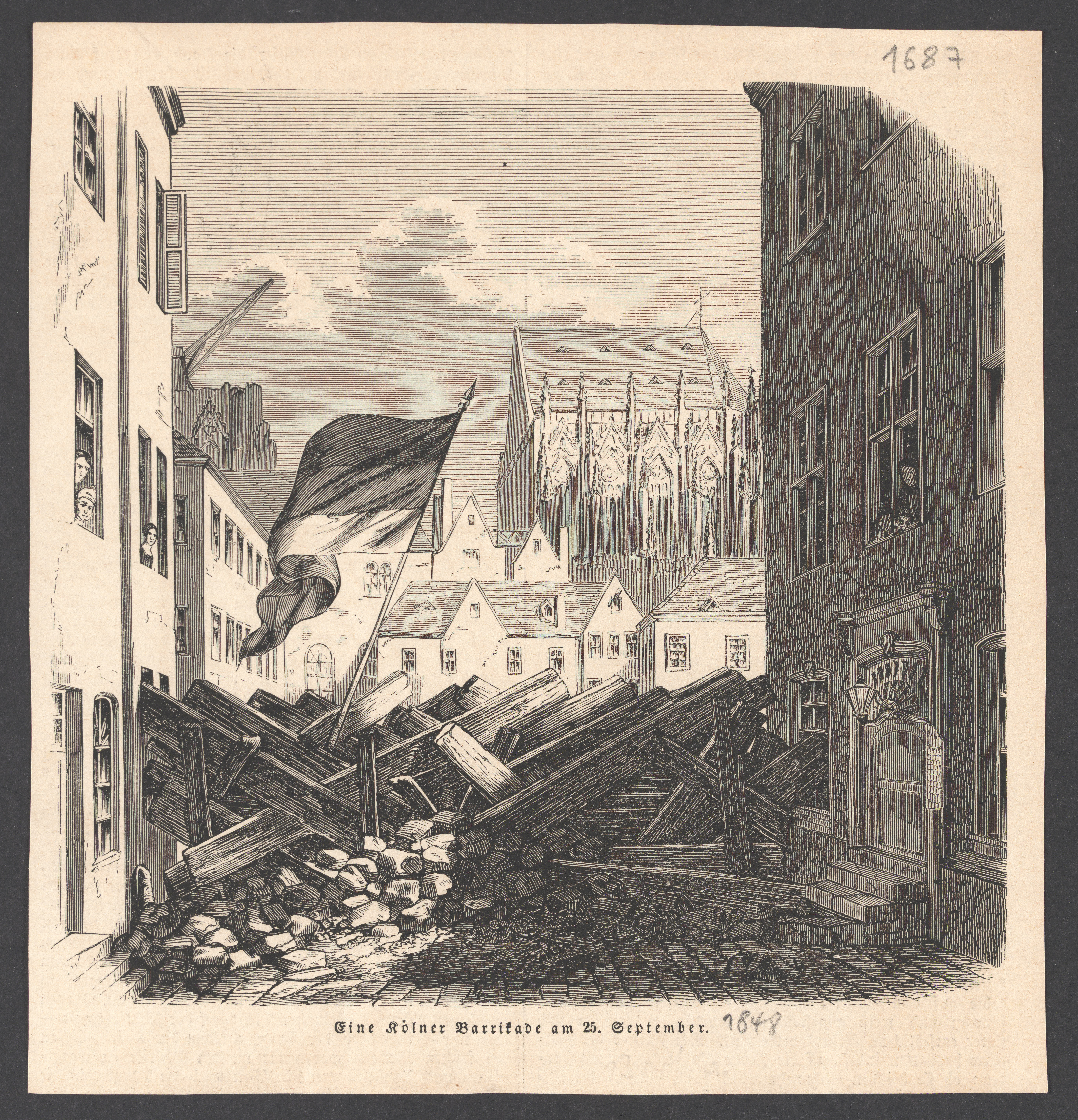 Stich einer Barrikade in der Kölner Innenstadt am 25.09.1848. Im Hintergrund der Kölner Dom.