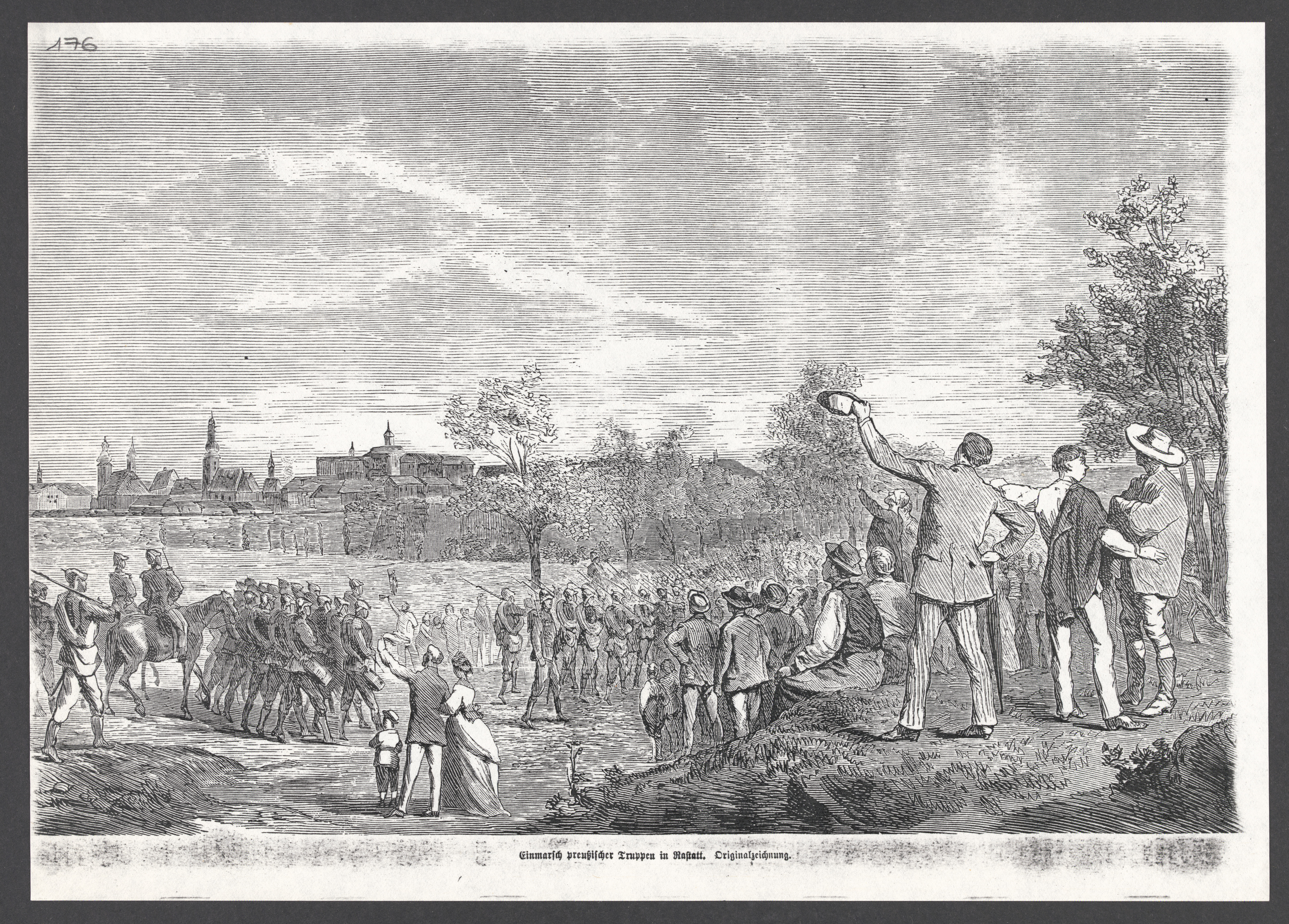 Einmarsch preußischer Truppen in Rastatt. Originalzeichnung, 1849