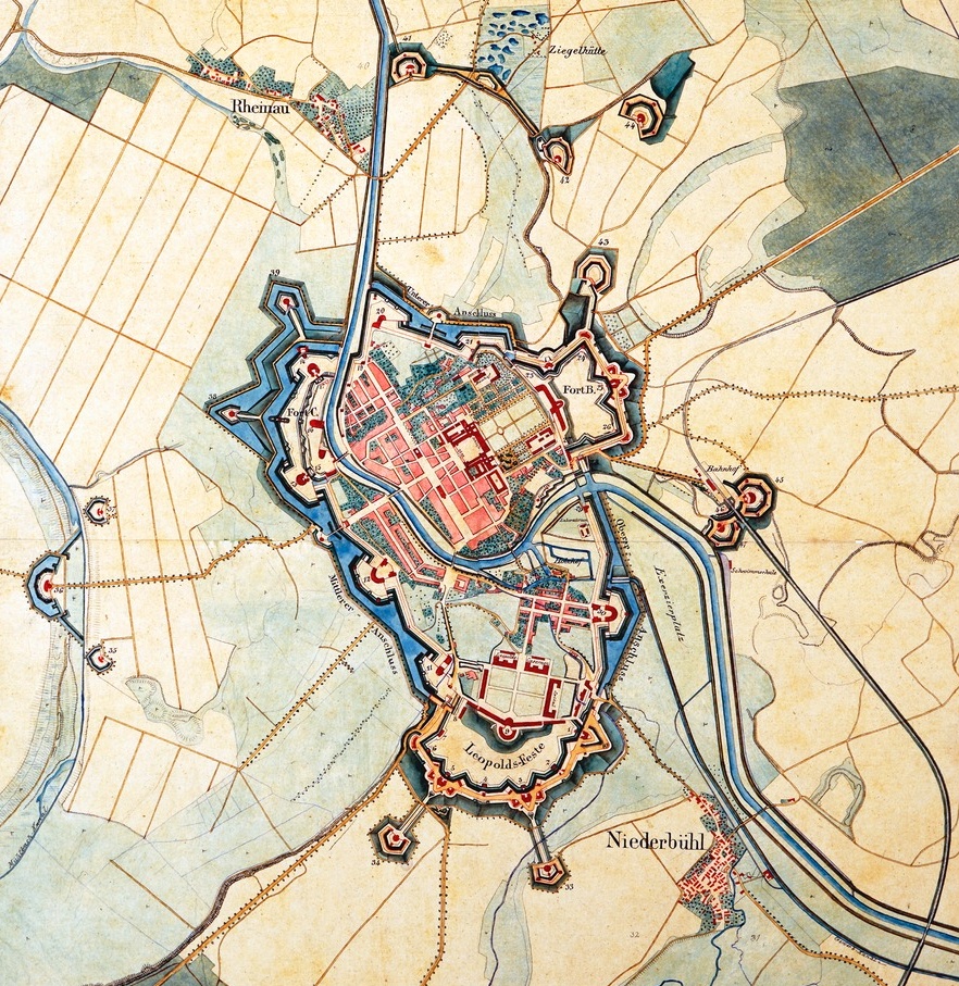 Festung Rastatt 1849, Ausschnitt aus Situationsplan von Rastatt und Umgebungen nach 1:10 000 Verjüngung. Plan der Festung. Schefold 32214 Stadtarchiv/Stadtmuseum Rastatt.