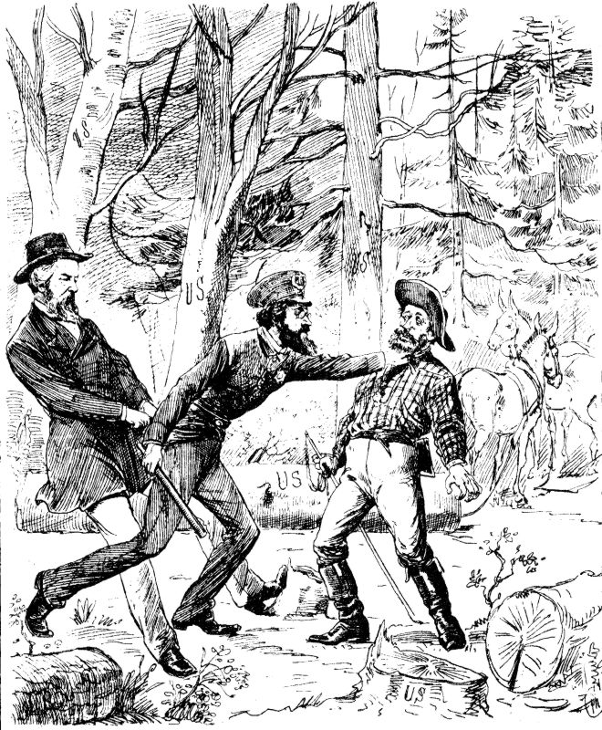 Carl Schurz grabs a logger by the throat and is himself in turn held back by his belt by James Blaine.