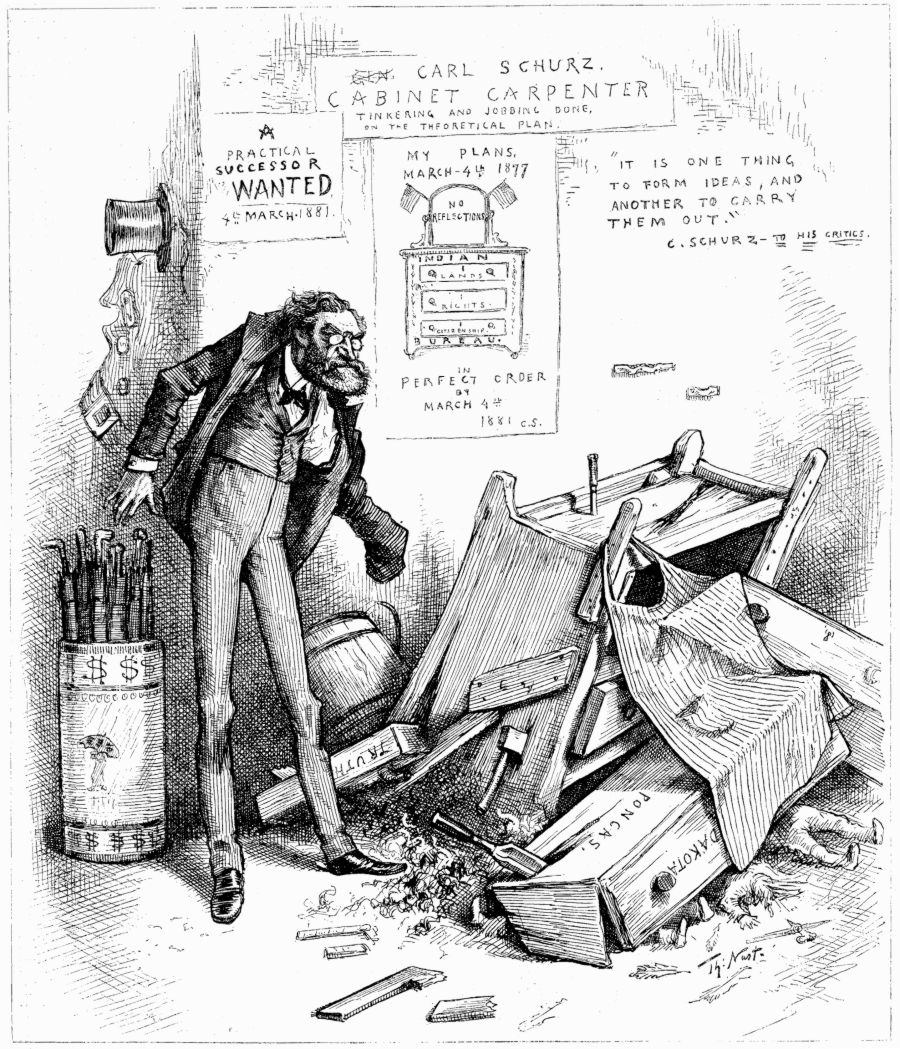 U.S. Secretary of the Interior Carl Schurz is putting on his coat as he prepares to leave the Interior Department for good. The Indian "Bureau" is in ruins. Notices on the walls comment on his progress during his term