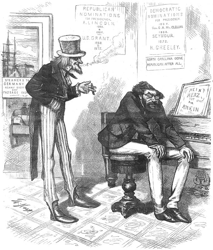 Uncle Sam, cigar in hand, stands speaking to a sullen Carl Schurz sitting at a square piano though turned away from the keyboard. The sheet music on the piano is entitled “Mein Herz ist am Rhein.”