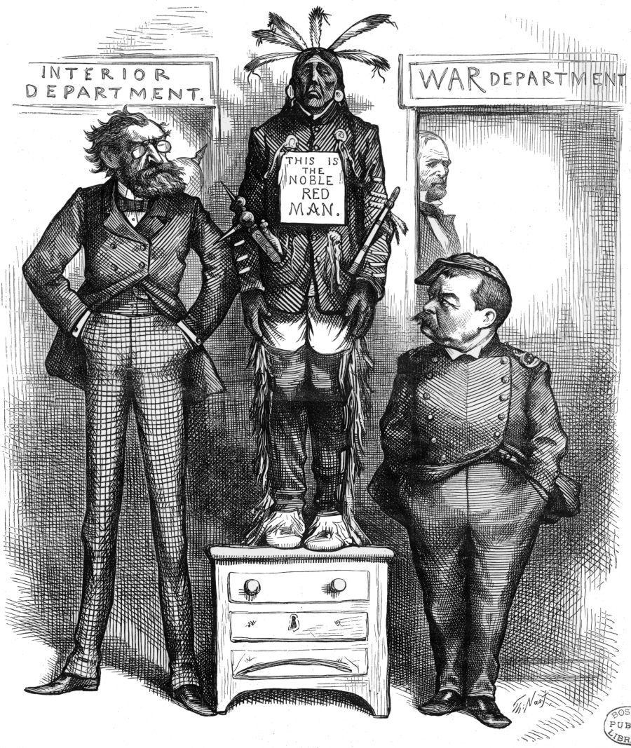 An unhappy-looking Native American, with a sign hanging around his neck saying “THIS IS THE NOBLE RED MAN.” stands on a bureau with an unhappy expression on his face. On either side of him are doors. The left door is labeled “INTERIOR DEPARTMENT” and in front of it stands U.S. Secretary of the Interior Carl Schurz, hands in pocket, with a serious expression on his face. On the right is a door labeled ”WAR DEPARTMENT“ with an equally serious looking General Philip Sheridan standing in front of it and in back of it General William Tecumseh Sherman peers out from the left. Schurz and Sheridan eye each other resolutely.