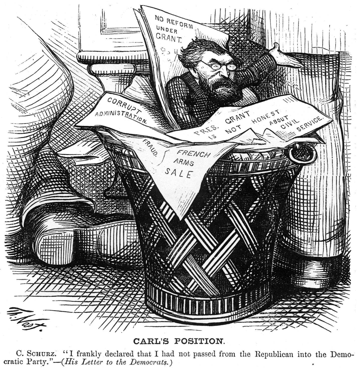U.S. Senator Carl Schurz's head and shoulders stick out of a basket-weave trash receptacle; one of his arms sticks out indignantly to one side. A huge desk behind him and pairs of giant legs on either side of him lend him a pygmyish look. In the receptacle he is surrounded by papers with various issues he has worked on in the U.S. Senate.