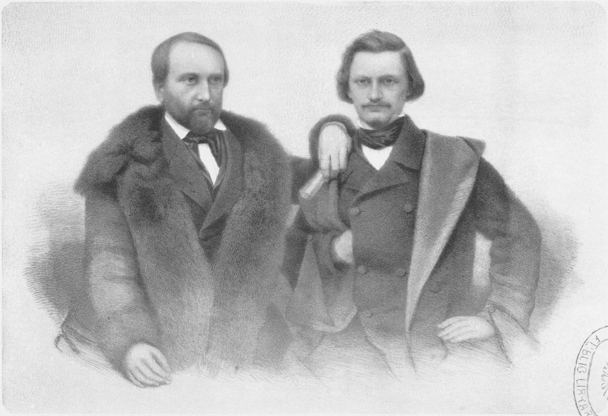  Black and white portrait drawing of Gottfried Kinkel and Carl Schurz, presumably shortly after their arrival in Paris after escaping from Spandau reformatory outside Berlin. November 1850