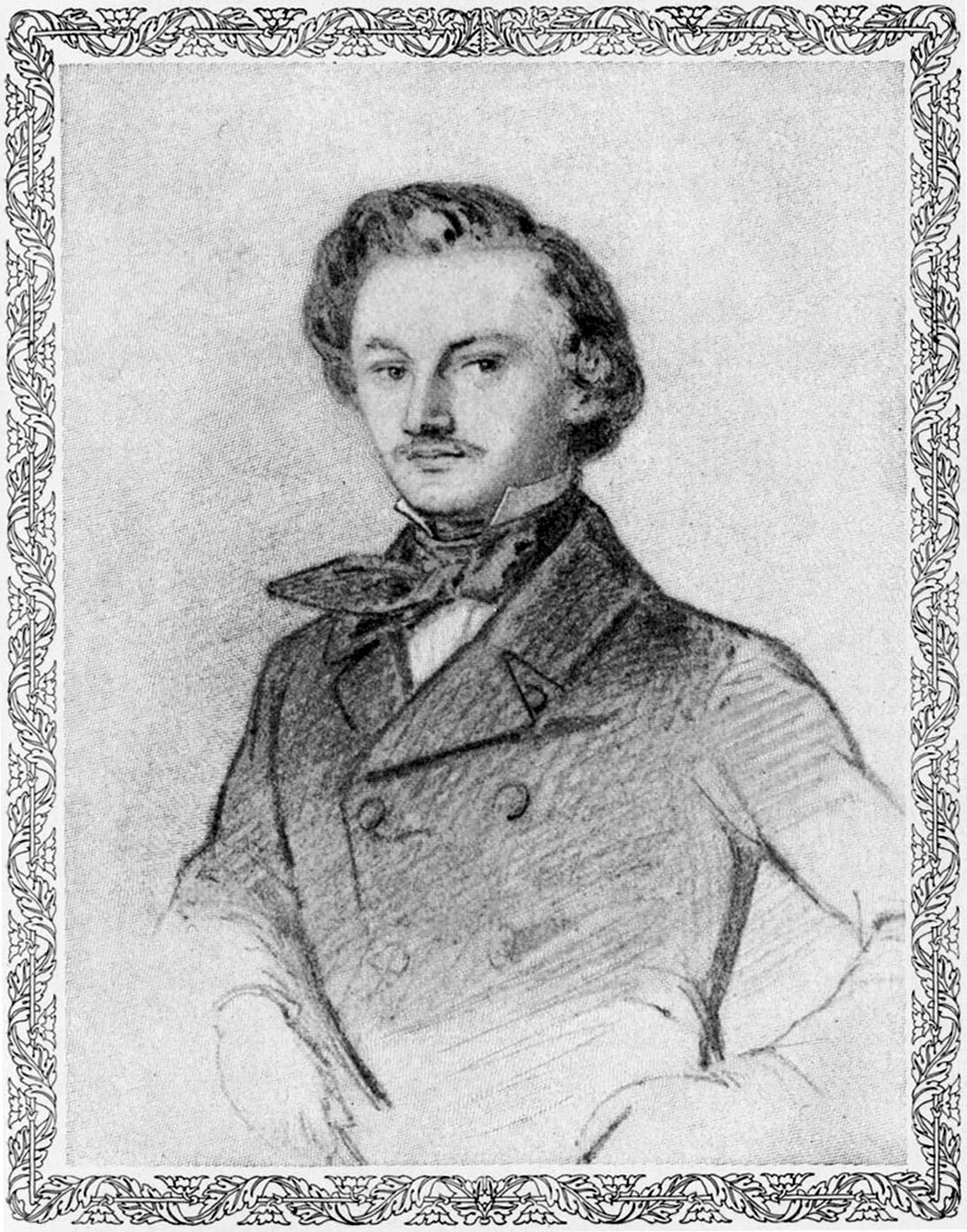  Half-length ortrait drawing in pencil of Carl Schurz as a student. Made while he was in London by a fellow patron of Baroness Brüning's salon in St. John's Wood.