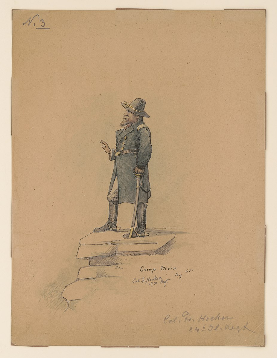 Colonel Frederick Hecker, Twenty-fourth Illinois, Camp Nevin, Kentucky Abstract/medium: 1 drawing : graphite, pen and ink, watercolor ; sheet 30 x 22 cm.