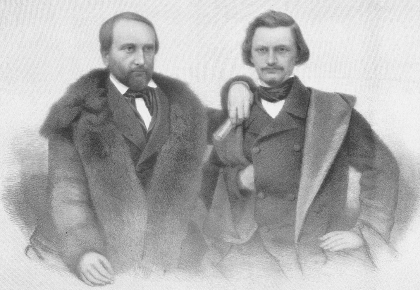 Black and white portrait drawing of Gottfried Kinkel and Carl Schurz, presumably shortly after their arrival in Paris after escaping from Spandau reformatory outside Berlin