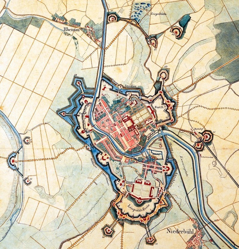 Festung Rastatt 1849, Ausschnitt aus Situationsplan von Rastatt und Umgebungen nach 1:10 000 Verjüngung. Plan der Festung. Schefold 32214 Stadtarchiv/Stadtmuseum Rastatt.