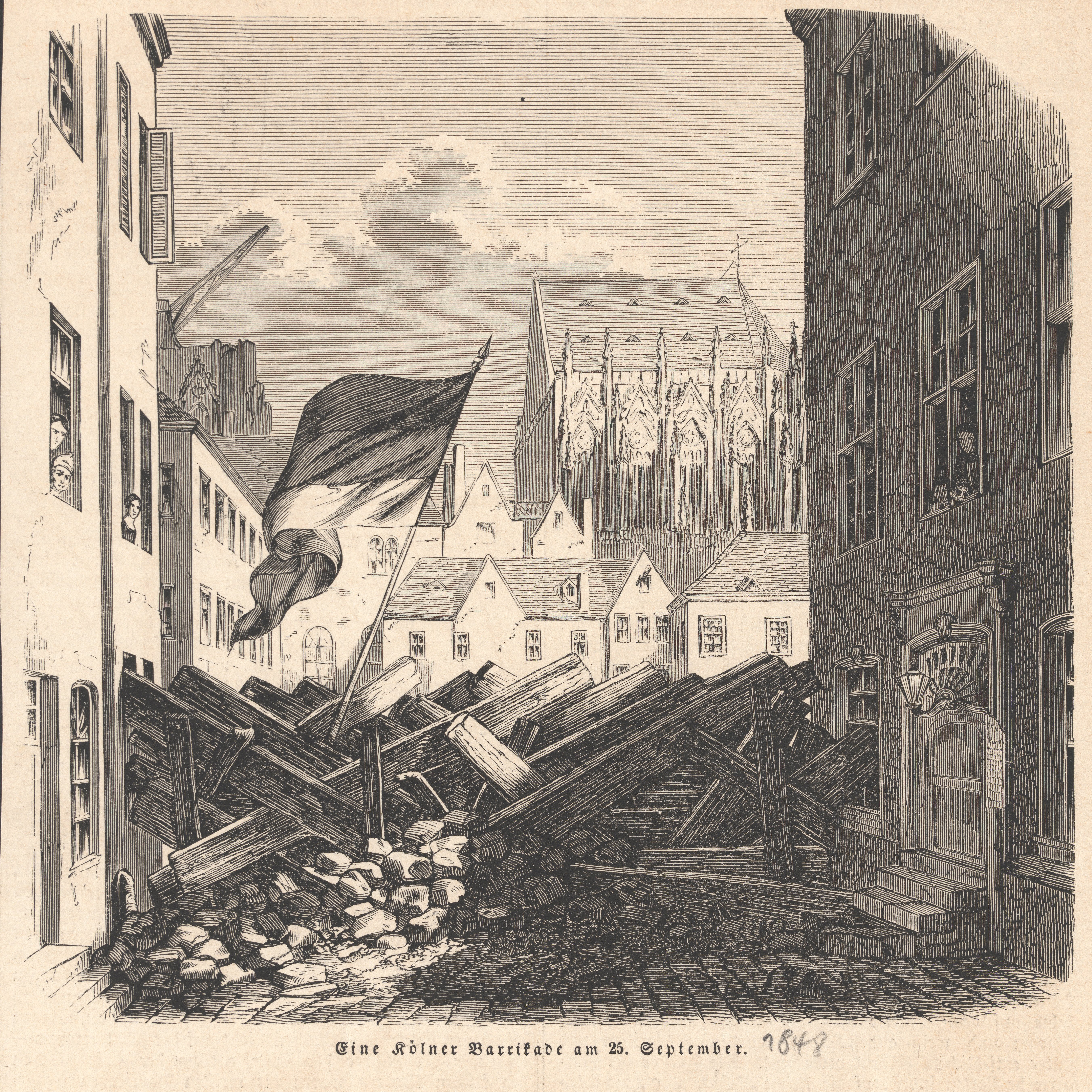 Stich einer Barrikade in der Kölner Innenstadt am 25.09.1848. Im Hintergrund der Kölner Dom.