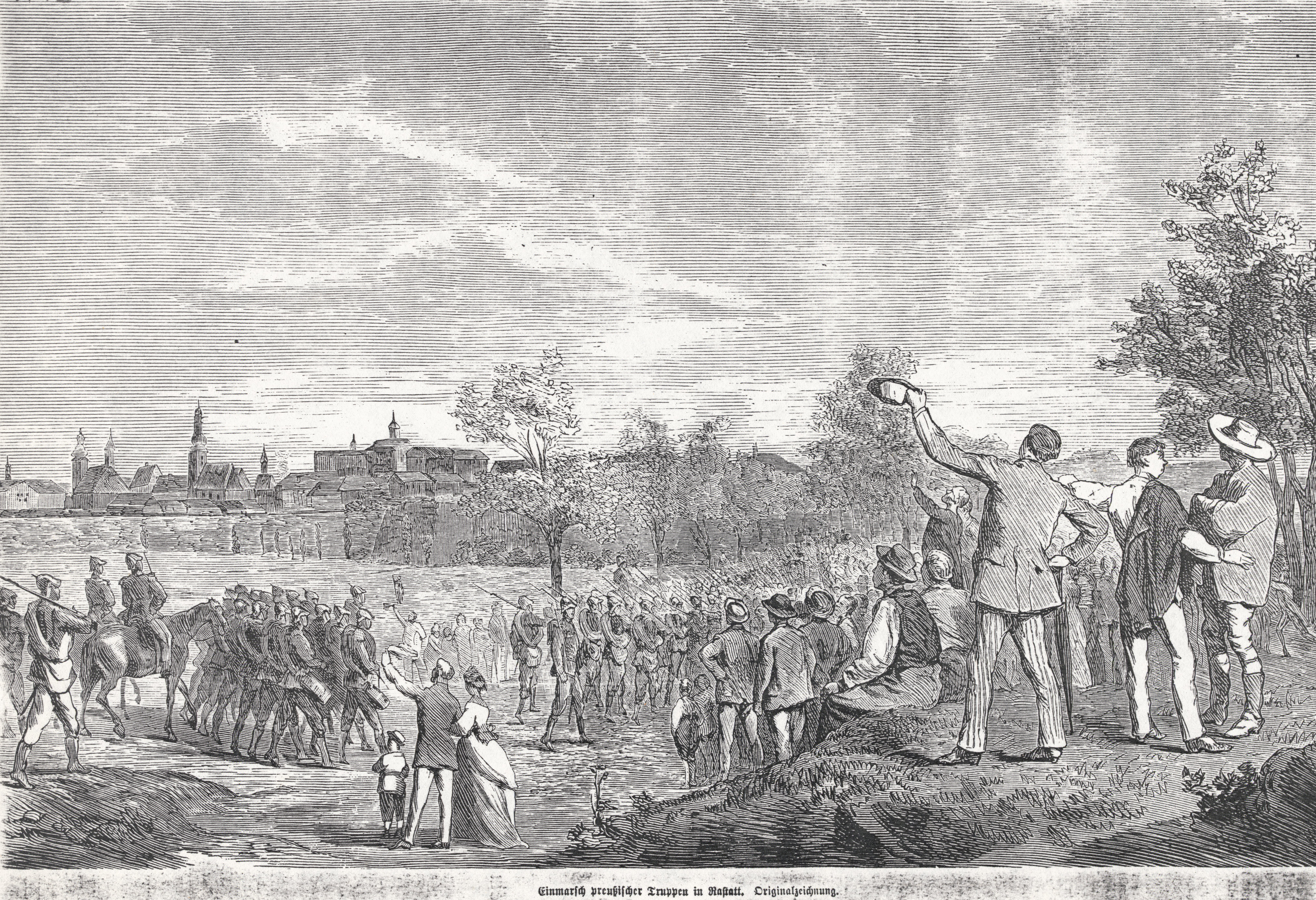 Einmarsch preußischer Truppen in Rastatt. Originalzeichnung, 1849