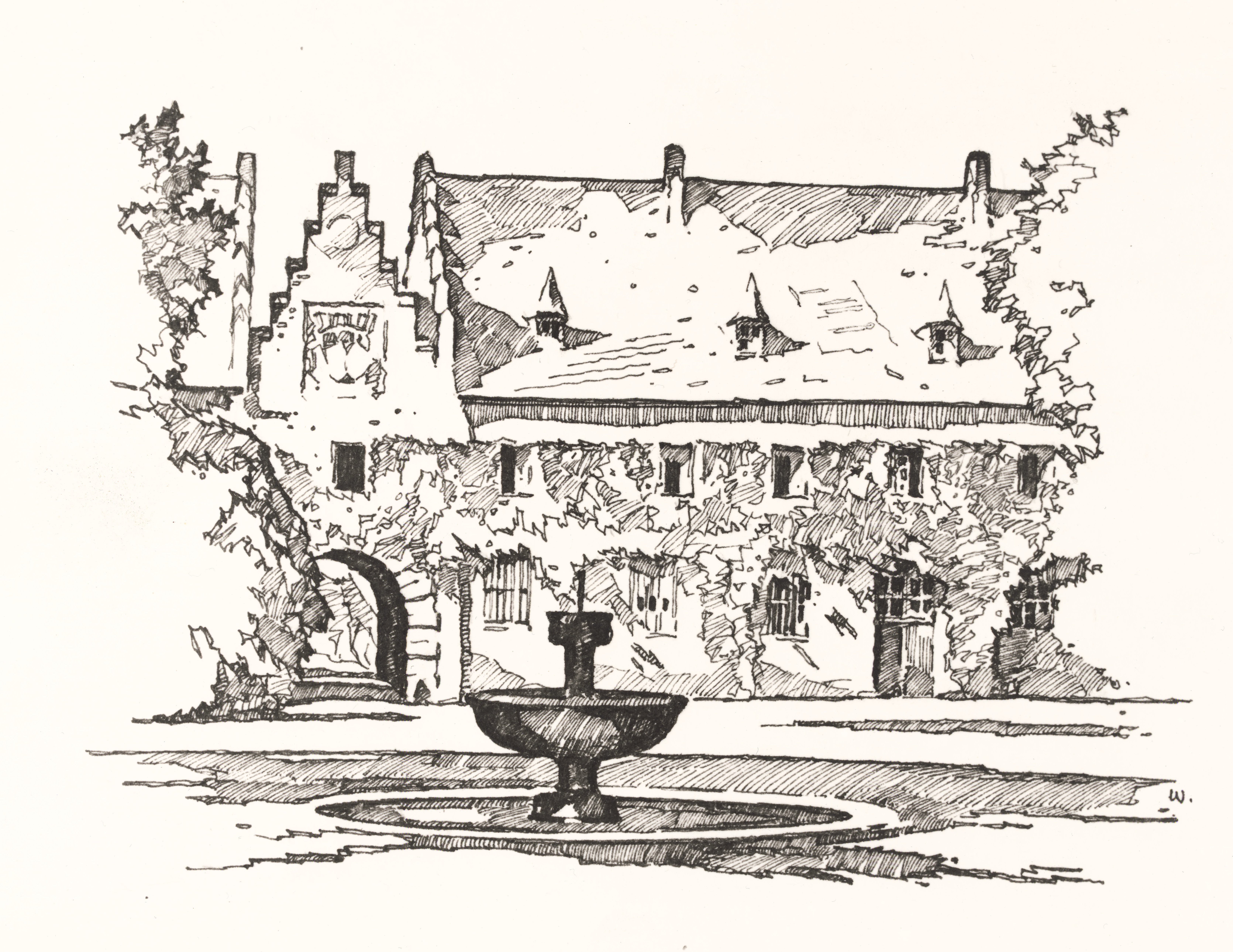 Schwarzweiß-Zeichnung des Geburtshauses von Carl Schurz in Erftstadt-Liblar.