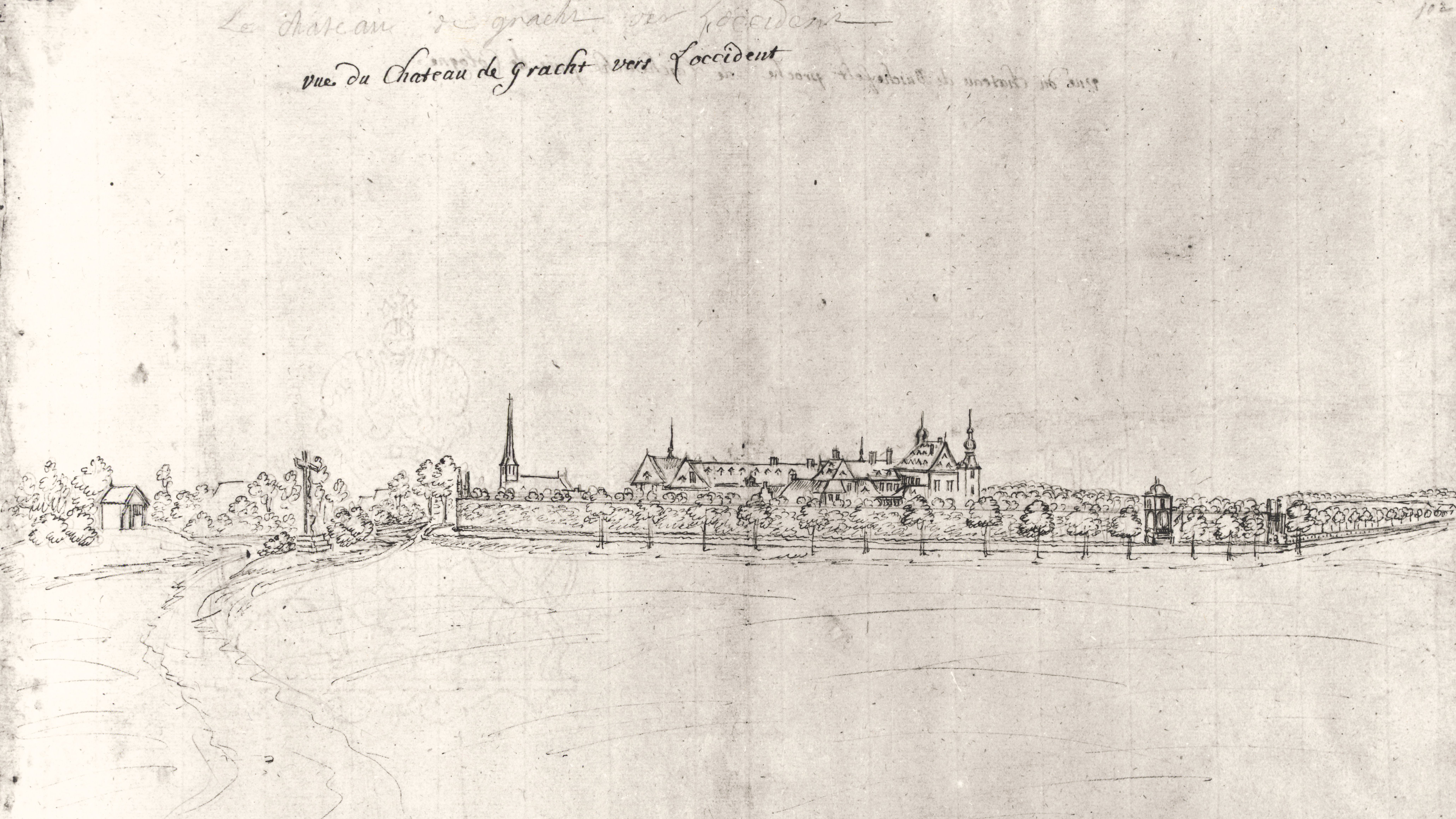 Liblar um 1740, Zeichnung von Renier Roidkin, Bonn. Landeskonservator Rheinland. Blick vom Schloß Gracht in den Westen, ca. 1740. 