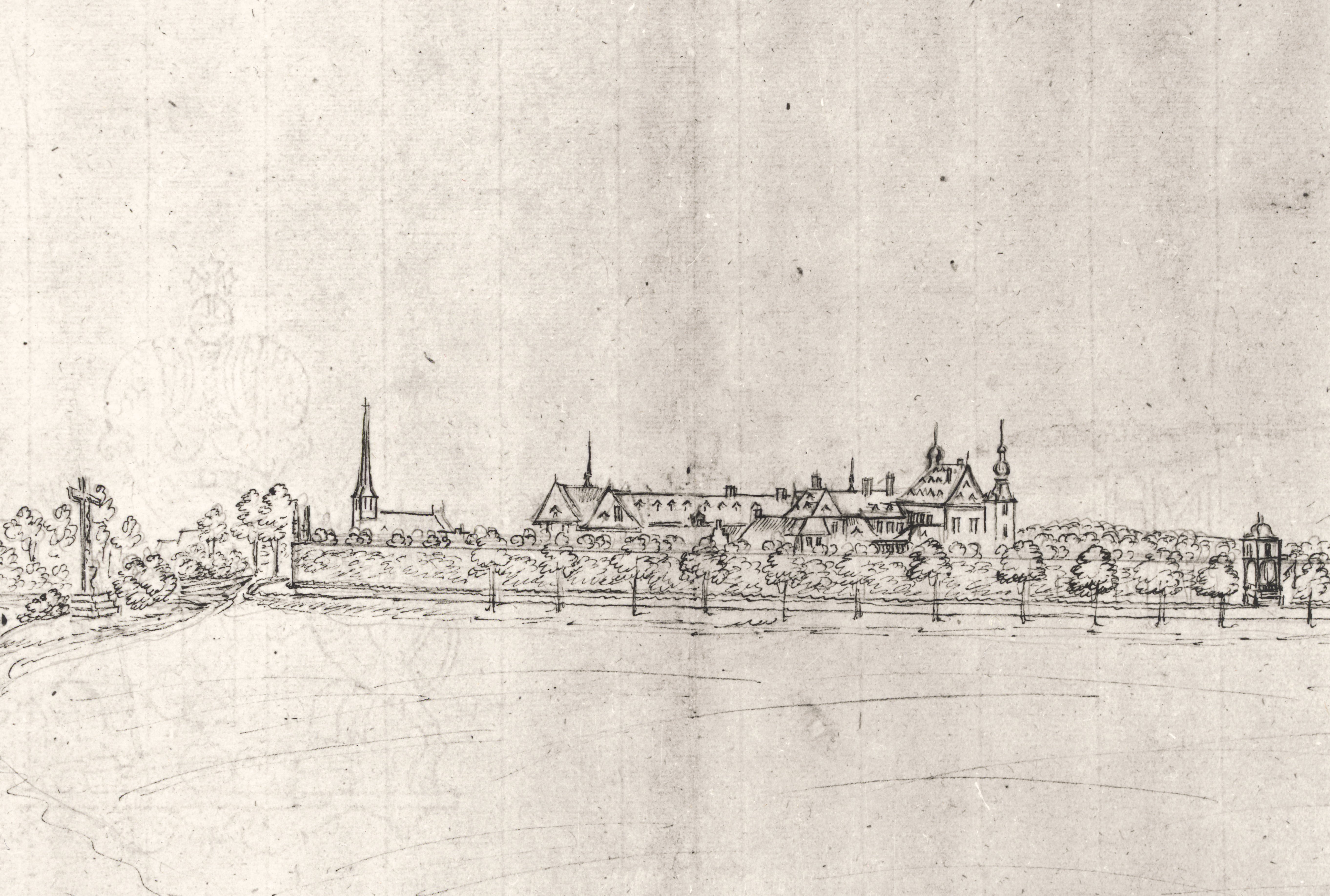Liblar um 1740, Zeichnung von Renier Roidkin, Bonn. Landeskonservator Rheinland. Blick vom Schloß Gracht in den Westen, ca. 1740. 