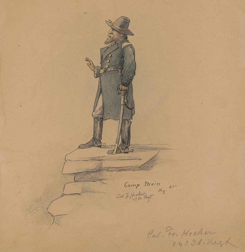 Colonel Frederick Hecker, Twenty-fourth Illinois, Camp Nevin, Kentucky Abstract/medium: 1 drawing : graphite, pen and ink, watercolor ; sheet 30 x 22 cm.