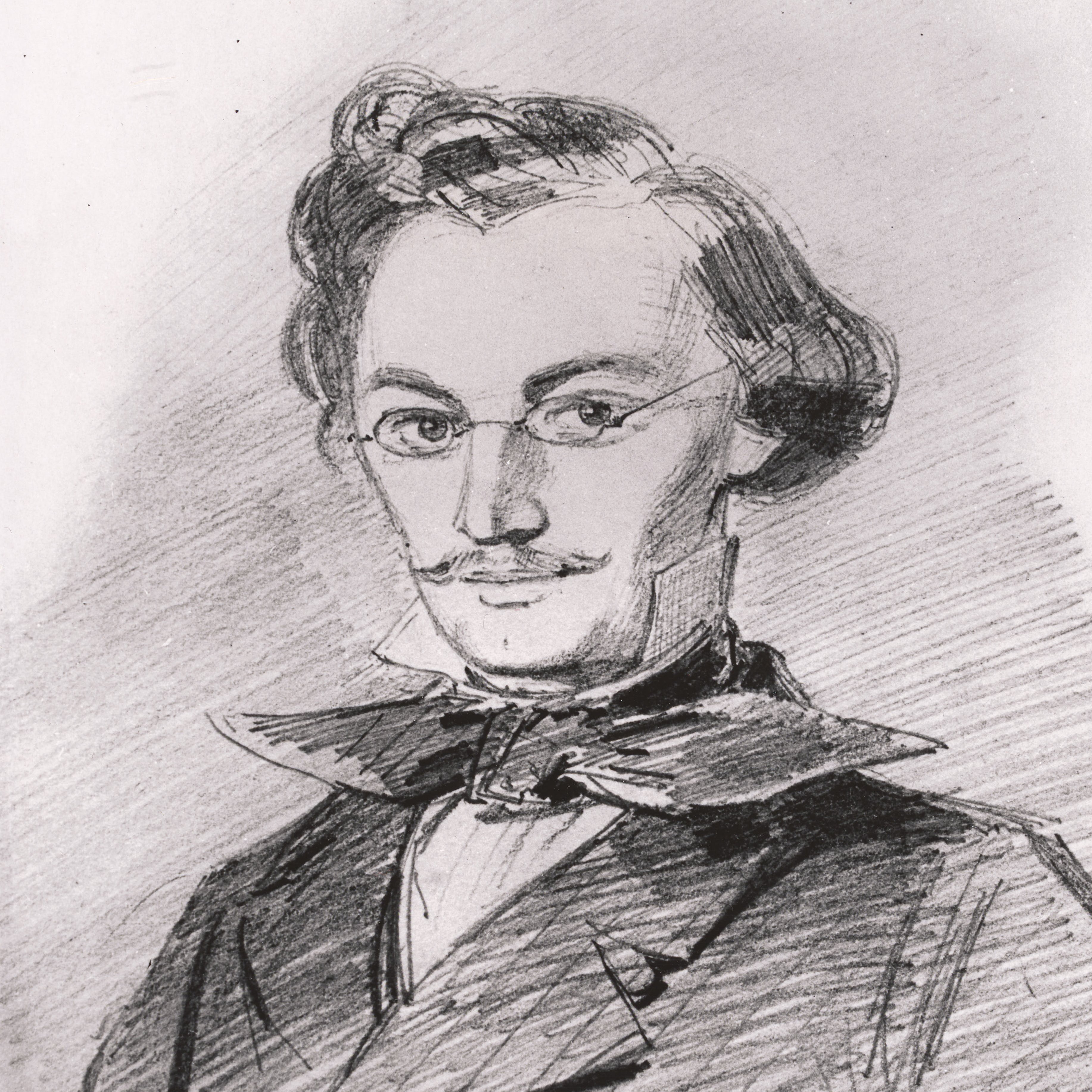 Artist's drawing of 23-year-old Carl Schurz, Secretary of the Interior under President Rutherford B. Hayes.", Zeichnung des 23 jährigen Carl Schurz, mit Notiz und Titel auf der Rückseite, 08.08.1852
